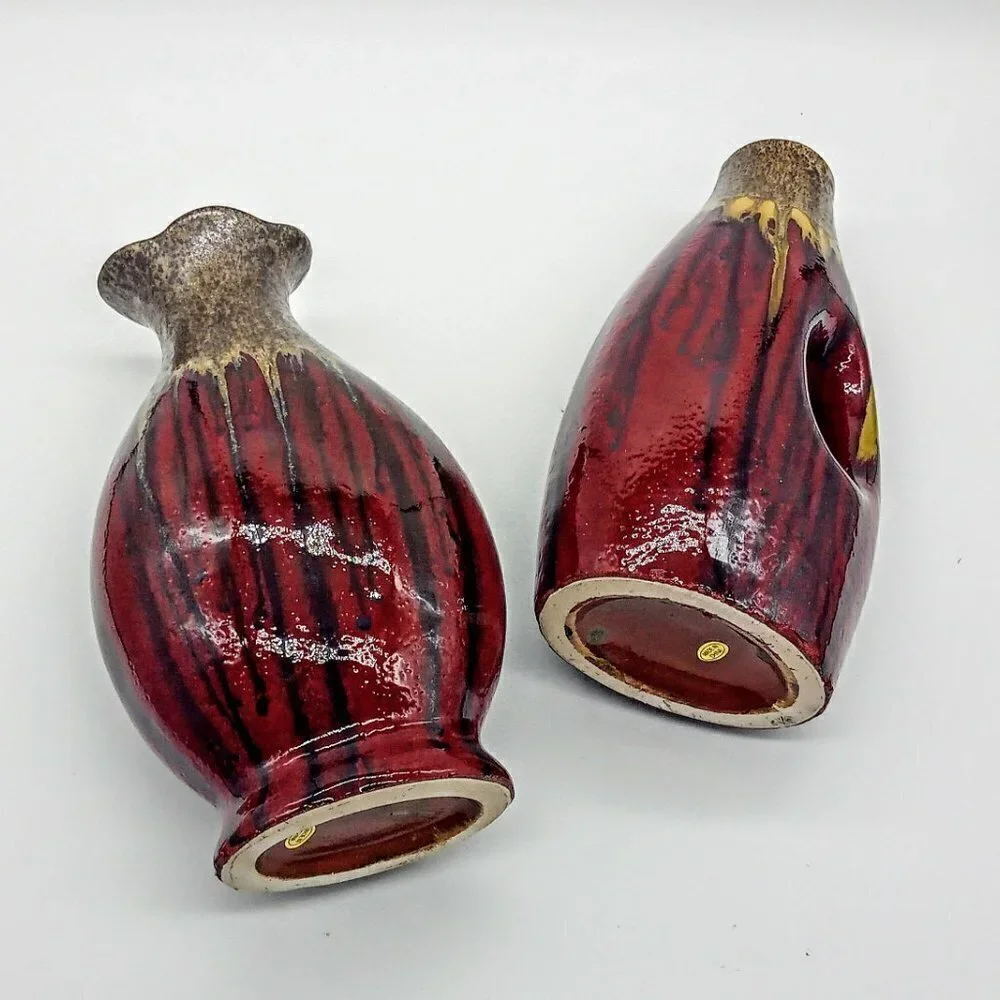 Set of 2 Red Gold Drip Glazed Pottery Vases